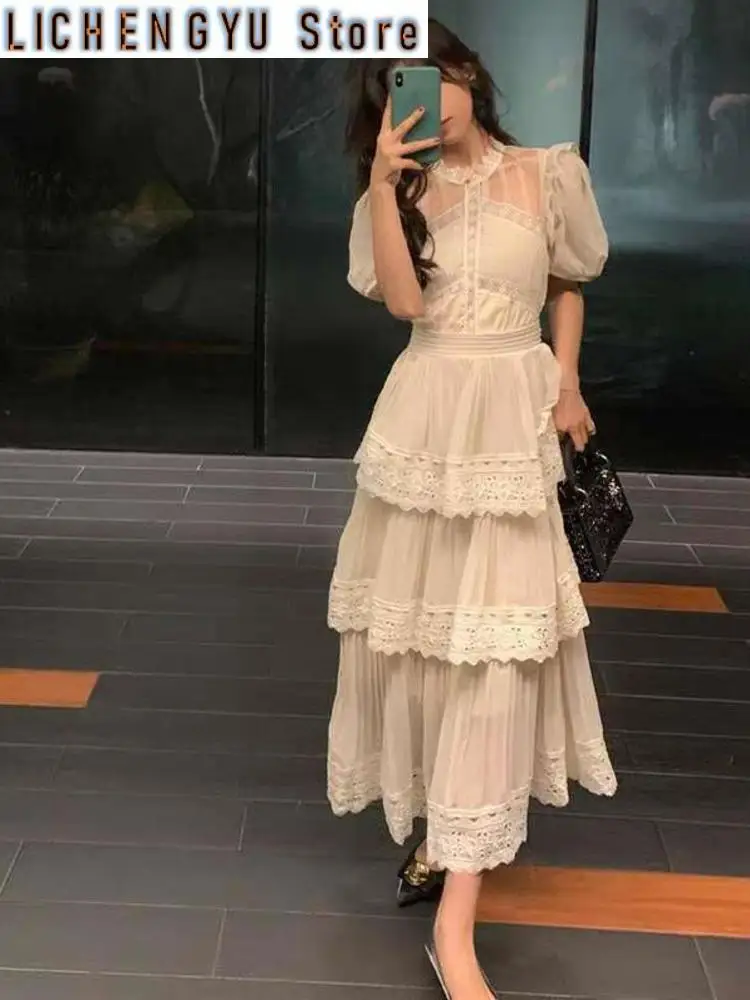 

New Autumn Summer Gentle Women Stand Collar Puff Sleeve Lace Gauze Spliced A-Line Multi Pleated Stitching Dress