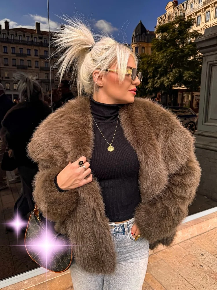 Brown Fluffy Faux Fur Lapel Coat Women Fashion Smooth Soft Warm Long Sleeves Short Jacket Autumn Winter New Lady Street Outwear