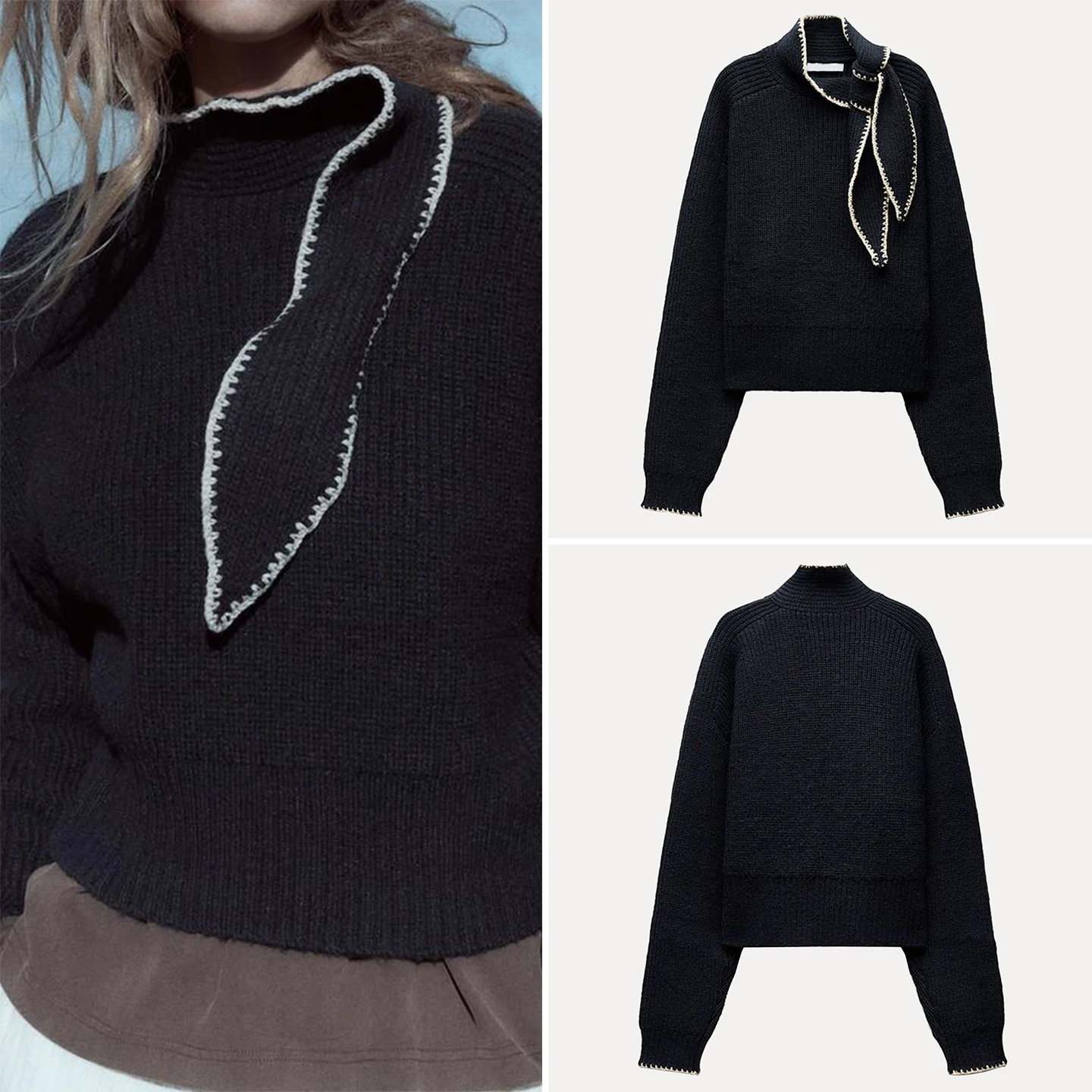 

Faionable Knitted Long Sve Women's Top with Knot Decoration High Ne European Sle Z New Arrival 2025