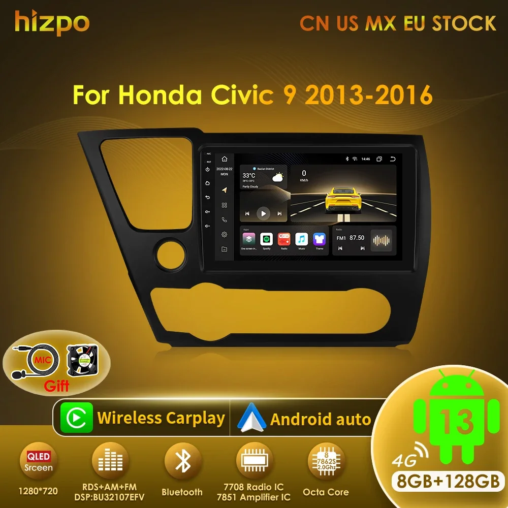 Hizpo For Honda Civic 9 2013 2014 2015 2016 Android 13 Carplay Car Radio Multimedia Video Player GPS Navigation 2 Din Autoradio