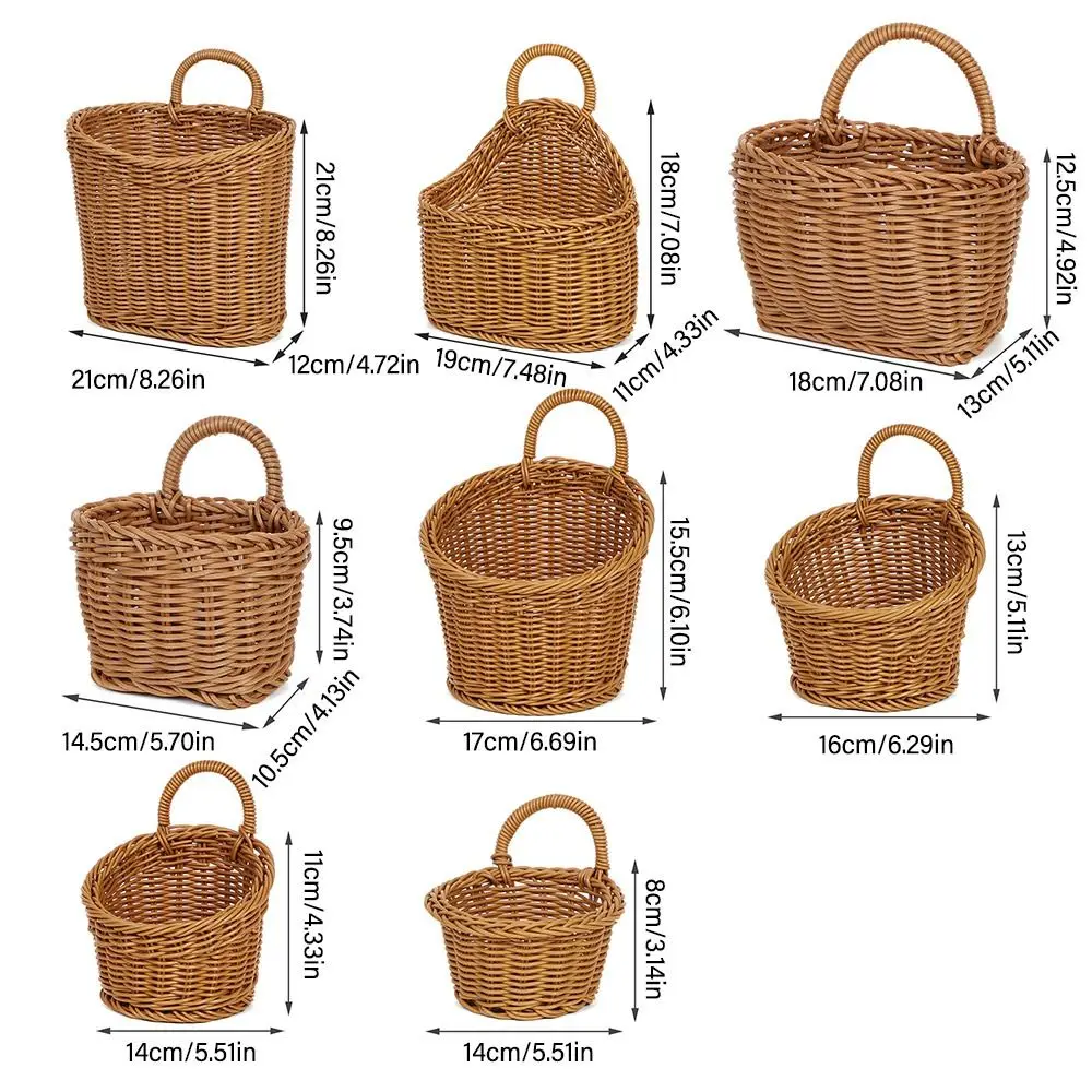 Imitation Rattan Kitchen Storage Basket Home Decoration with Handle Hand-woven Hanging Baskets Vegetable Fruit Flower Brown