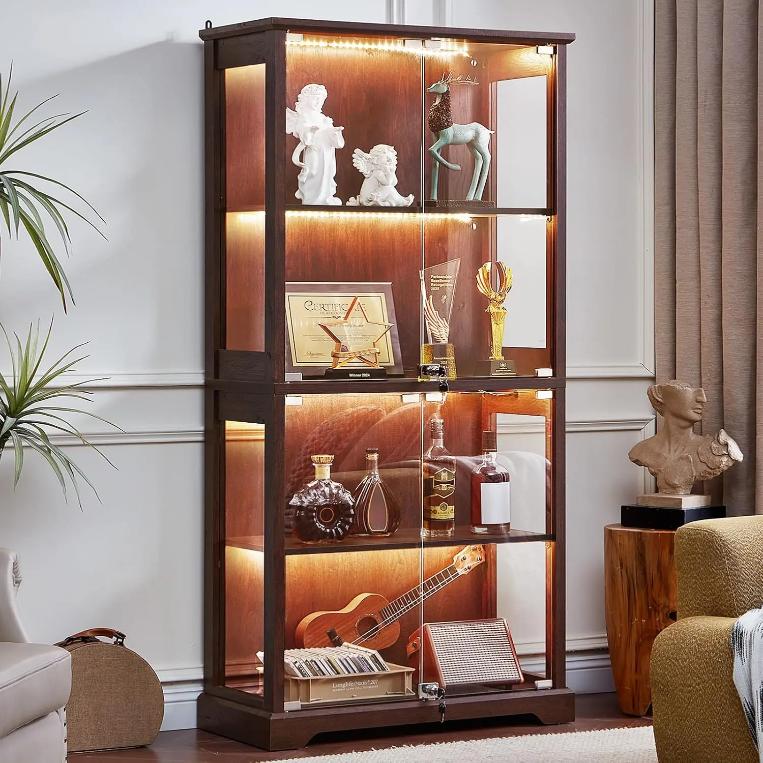 Walnut Farmhouse Glass Display Cabinet Lock Wooden Curio Cabinets 3Color MotionSensor Light Reinforced Base