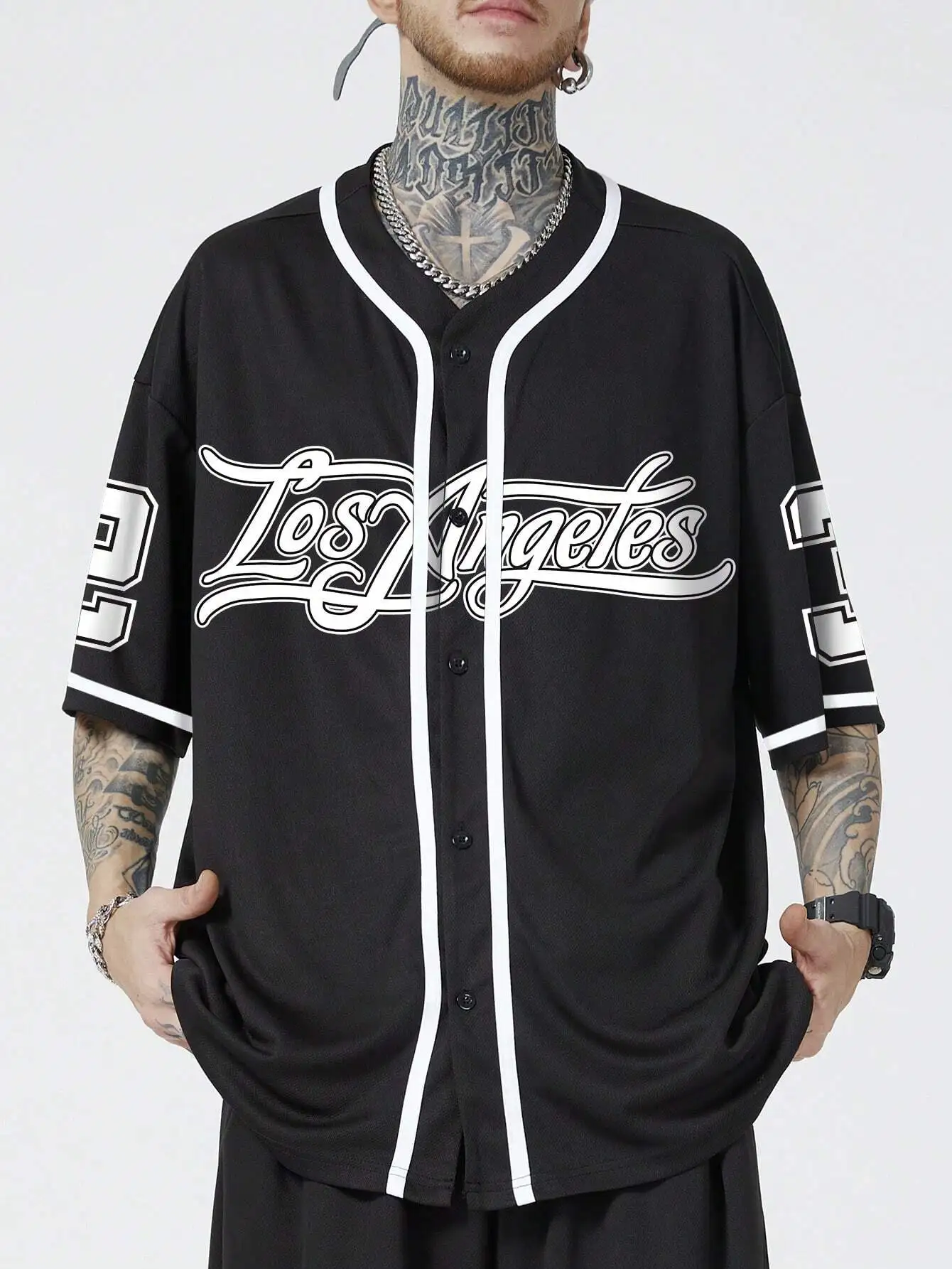 

Men's Black Baseball-Style Shirt with Script Graphic and Contrast Trim