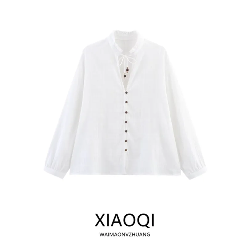 Printemps 2025 femmes Design Sensation bouton en bois Long col Sve irt nouveauté polyvalent coupe ample longueur régulière