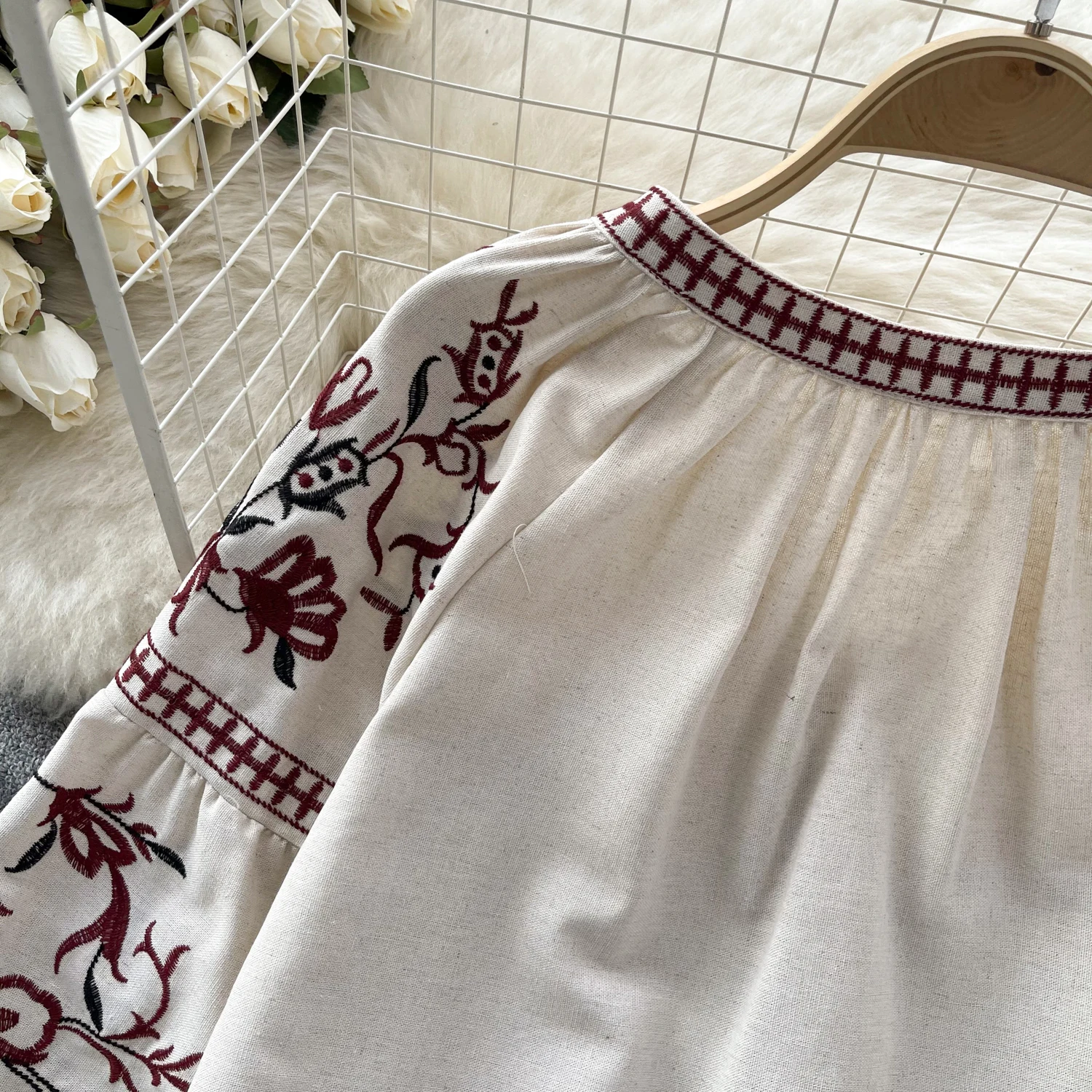 Vintage Elegant Embroidery Lace Up Puff Long Sleeve Loose Blouse Fashion Lapel Shirt Casual Chic Top Fairy Summer Women Shirt
