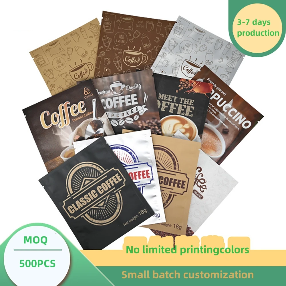 500PCS Customized Digital Printing Heat Seal Drip Coffee Instant Powder Sachet Custom Printed 3 Side Seal Coffee Packaging Bag