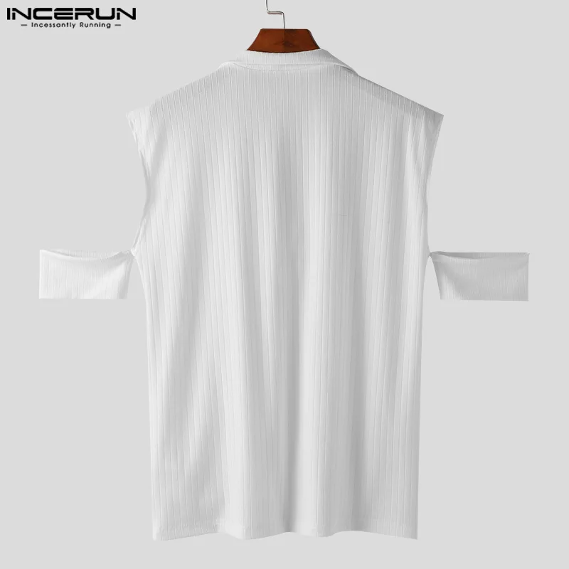 Handsome Well Fitting Tops INCERUN Men\'s Knitted Off Shoulder T-shirts Casual Solid Stand Neck Short Sleeved Camiseta S-5XL 2024