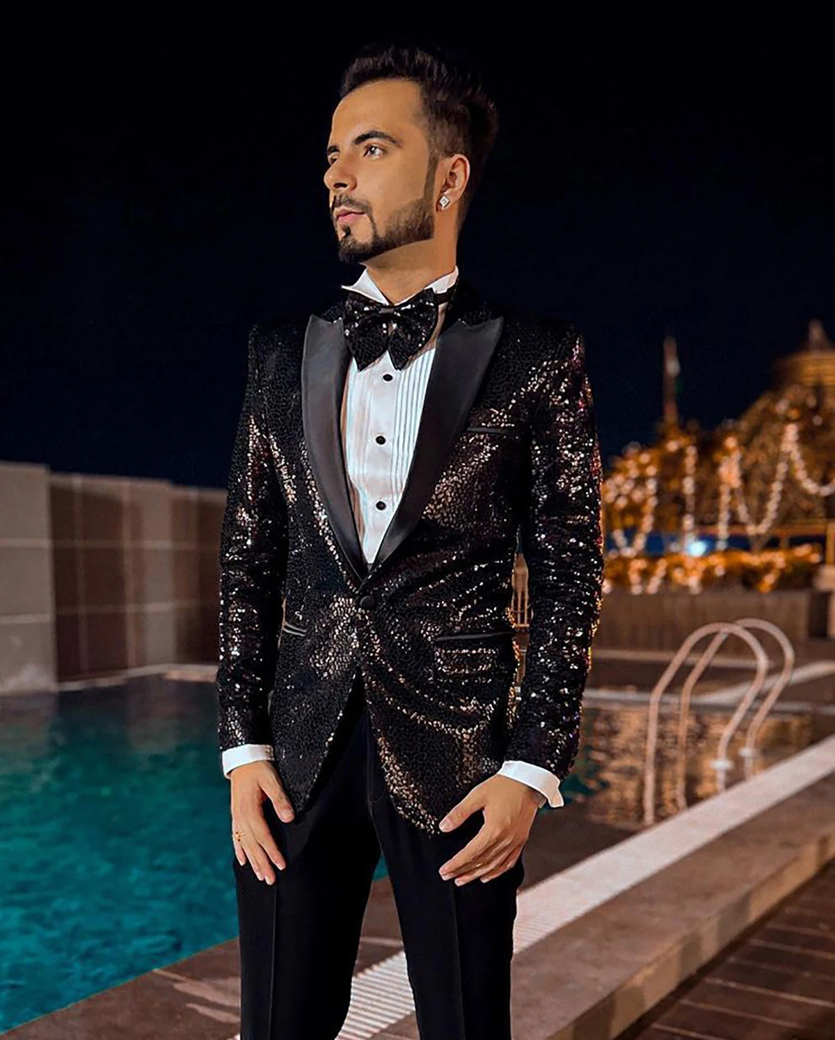 Smokings de mariage à paillettes noires pour hommes, veste à revers en satin pour hommes, bel homme, fête de Rh, tenue formelle, un blazer