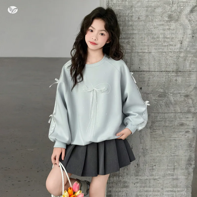 

Girls' Long Sleeve Round Neck Hoodie, Fashionable Bow Sweatshirt, Suitable for School Days, Ages 7-14