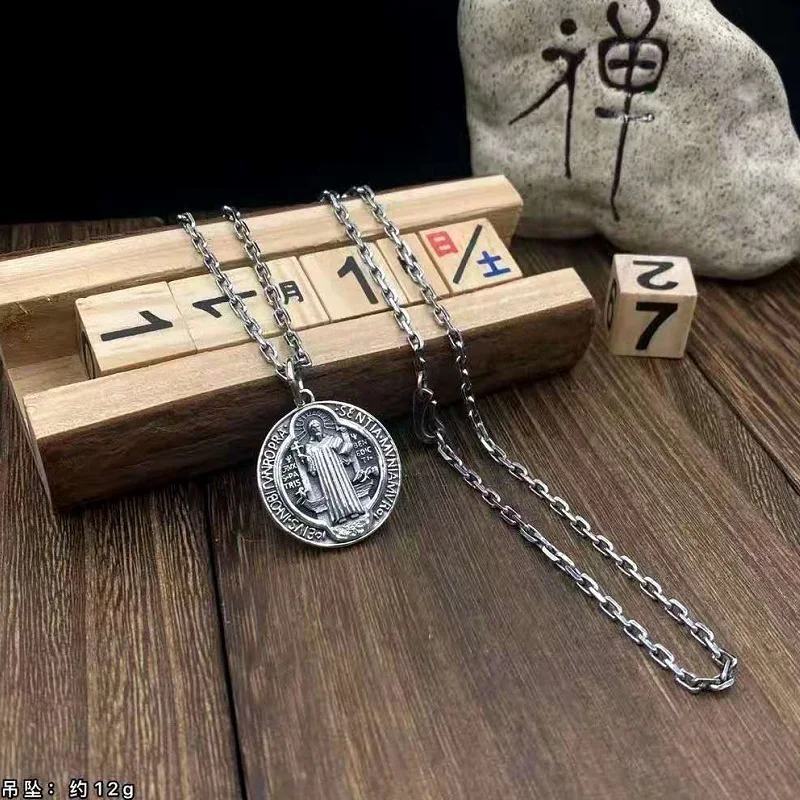 European and American style S925 sterling silver cross circular pendant necklace ins men's and women's long T-shirt sweater chai