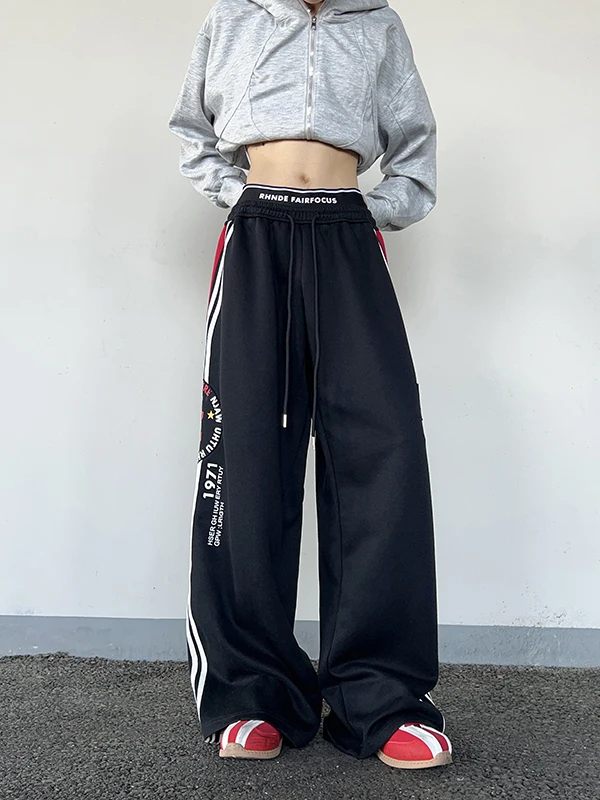 

Printed Double Waist Casual Pants Straight Leg Floor-Length ex Trendy High Street Autumn Color Blo American Street Sle