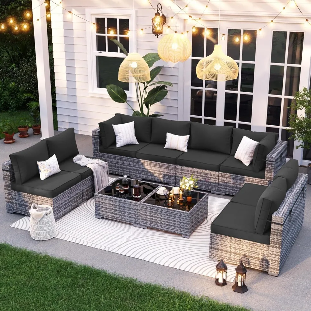 Terrace Furniture Set, 10 Piece Outdoor Combination Sofa with Waterproof Cover,all-weather Willow Terrace Backyard Reception Set