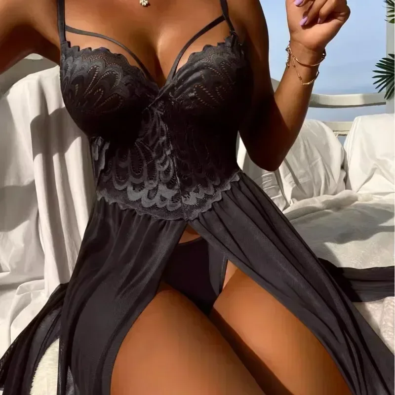 

Sexy Lingerie Transparent Womens Dresses Sexy Mesh Lace High Slit Nightgown Sleepwear Suspender Night Dress Womens Pajamas Dress