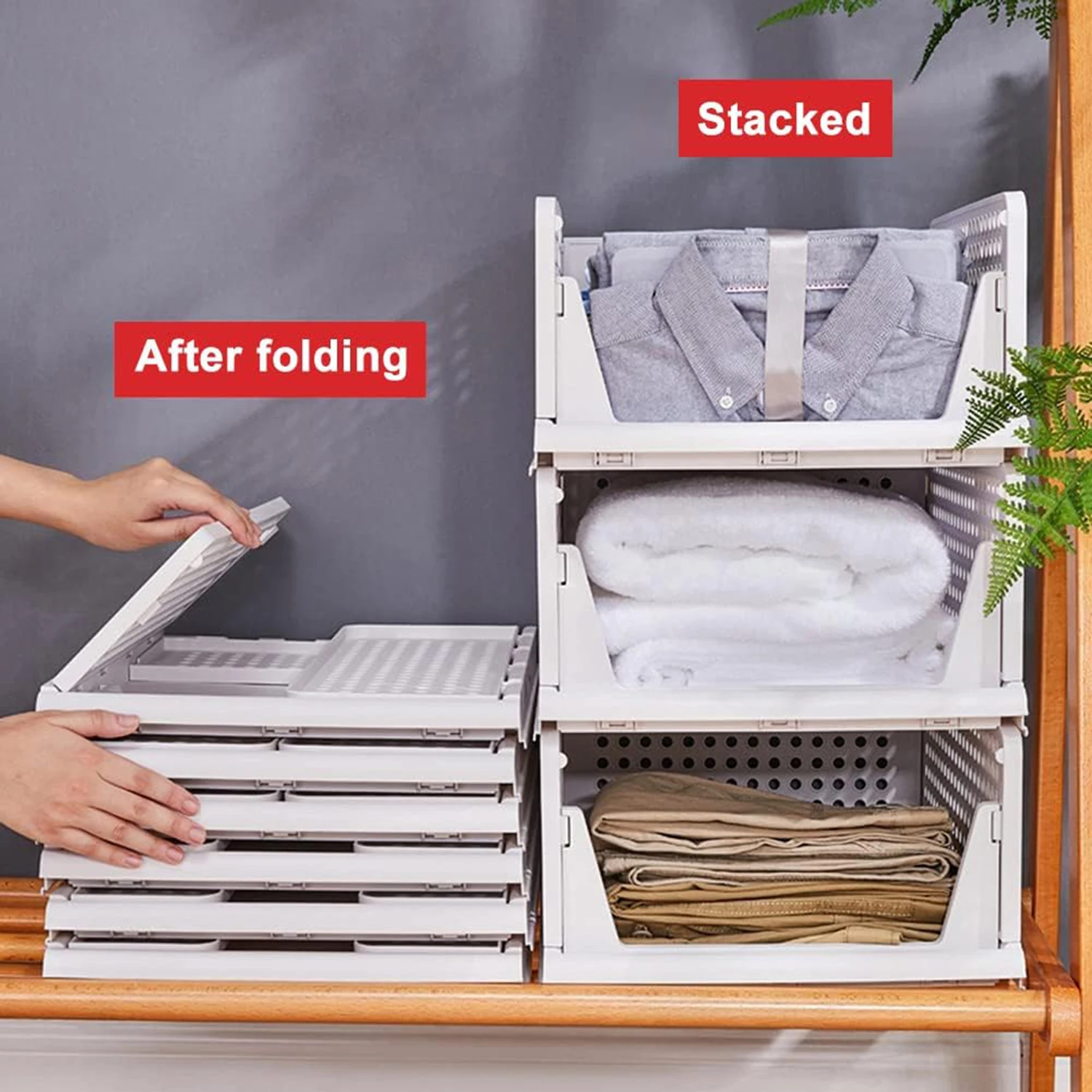 4 Pack Stack-able Plastic Storage Basket Closet Organizer Bin Fold-able Clothes Organizer Storage Drawer Shelf Container