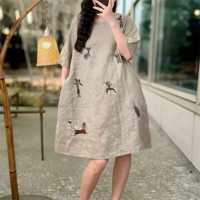 Plus Size Women's Summer Casual Retro Dress Loose A-Line Cotton Linen Office Lady Fashion New Arrival Trendy view 6