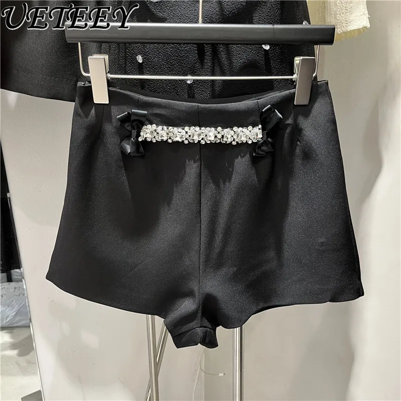 Heavy Industry Bead Diamond Bow Wide Leg Shorts High Waist Skinny Temperament Versatile Hip Lift Legs Long Casual Hot Pants