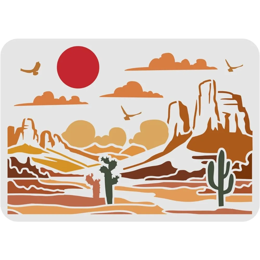 Desert View Stencils 11.7x8.3 inch Plastic Gobi Desert Drawing Painting Stencils Cactus Sun Birds Pattern Wall Stencils Reusable