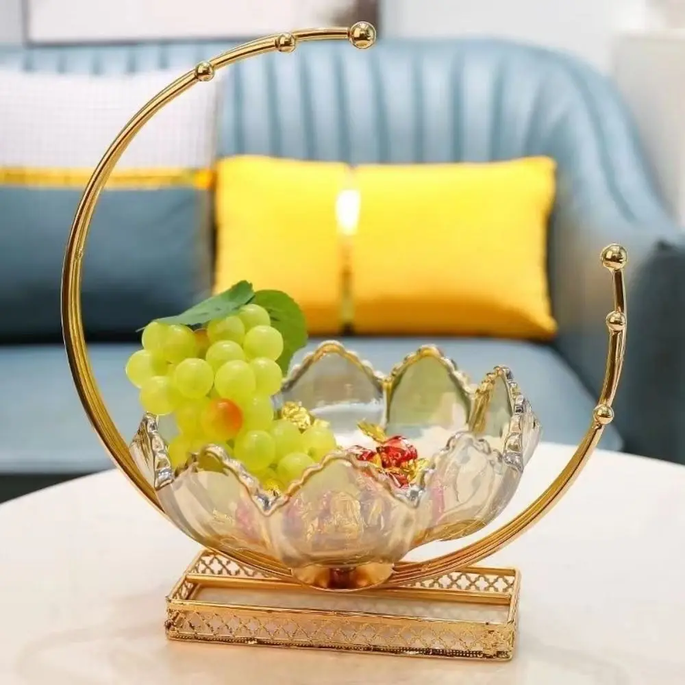 

Glass Flower Basket Shape Fruit Plates Metal Frame Large Capacity Amber Petal Glass Bowl Decorative Jewelry Storage Tray