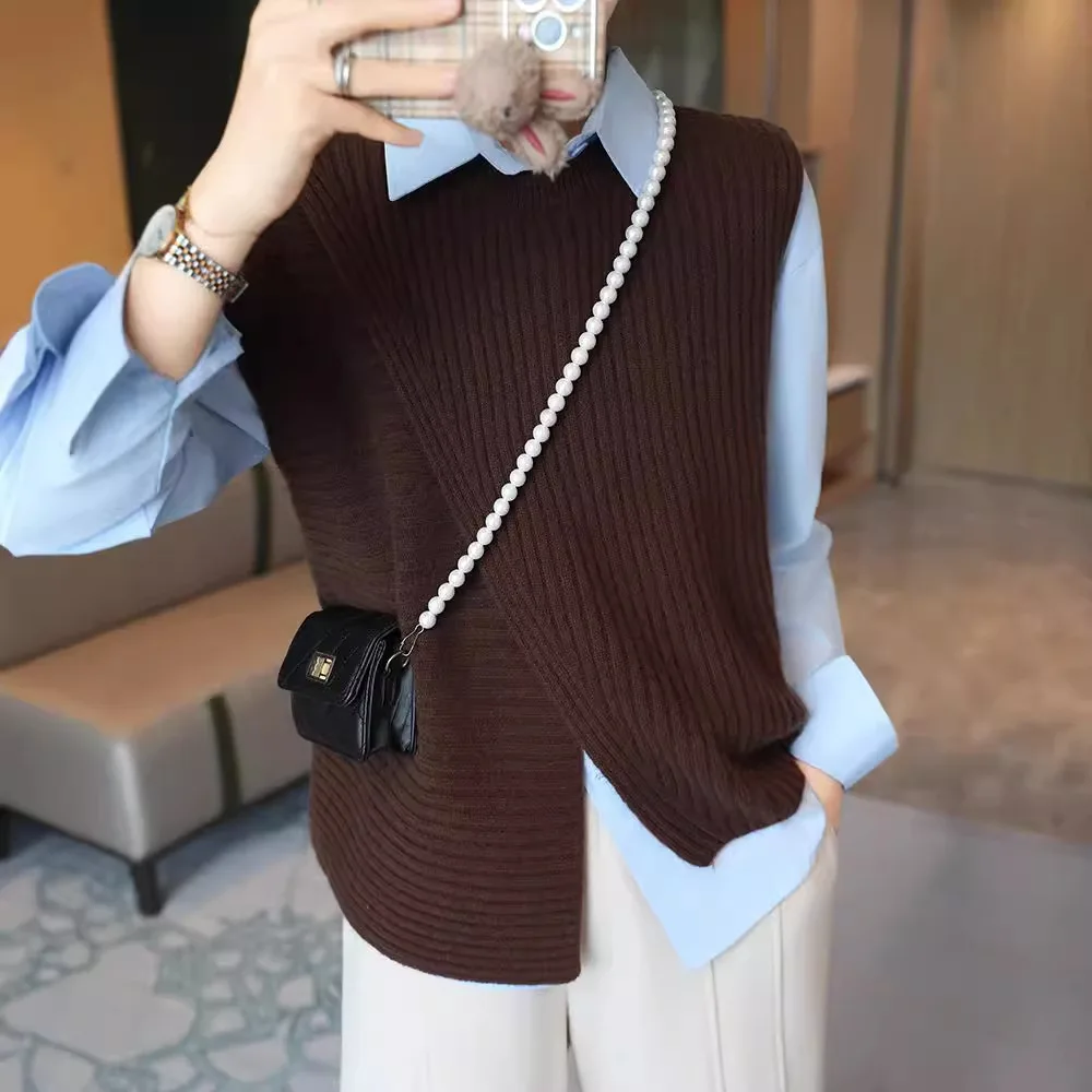 New 100% wool sweater vest knitted garment outer vest layered style slit design pure wool fashionable sleeveless style