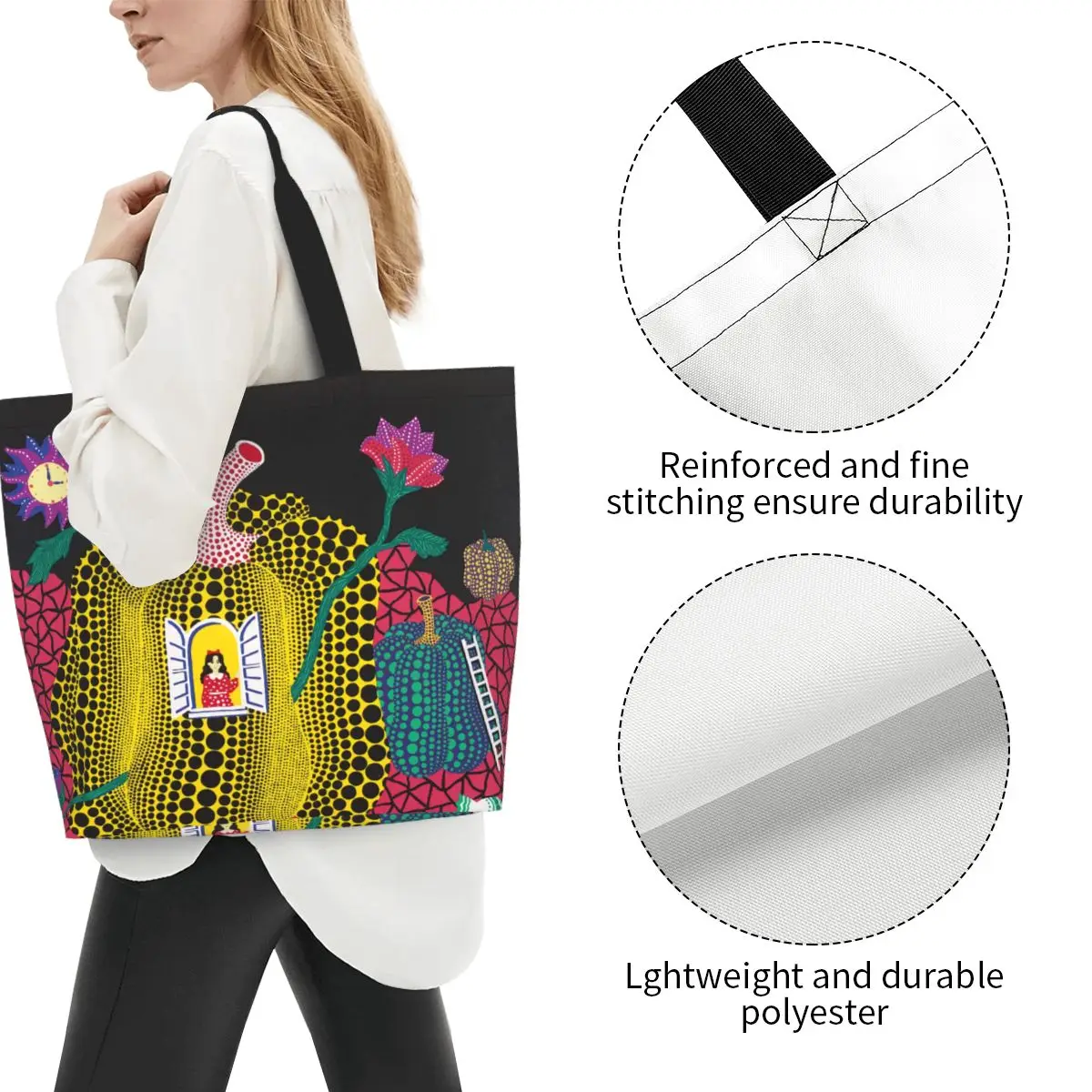 Cute Printed Yayoi Kusama Abstract Painting Tote Shopping Bag Washable Canvas Shopper Shoulder Handbag