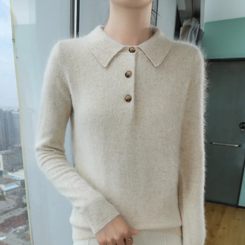 Autumn/Winter Bew Women's Sweater 100% Mink Cashmere POLO Collar Knitted Pullover Long Sleeved Warm Casual Fashion Tops Shirt