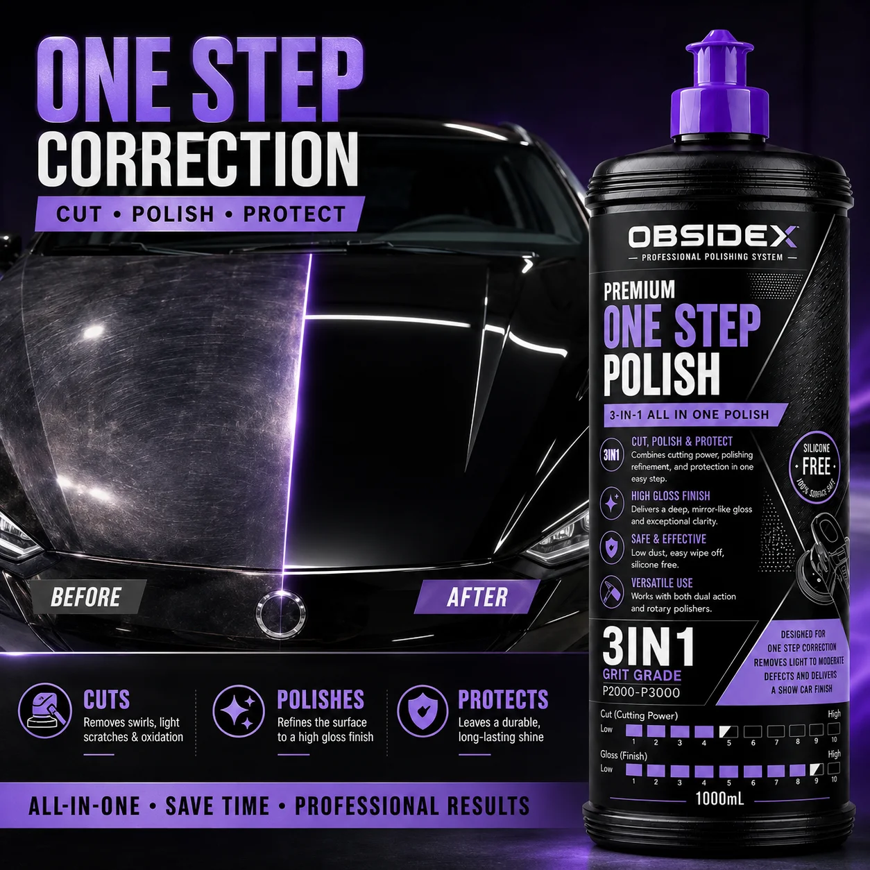 OBSIDEX Professional One Step Polish – 3‑in‑1 Compound, Polish & Sealant, Removes Swirl Marks, Haze & Fine Scratches