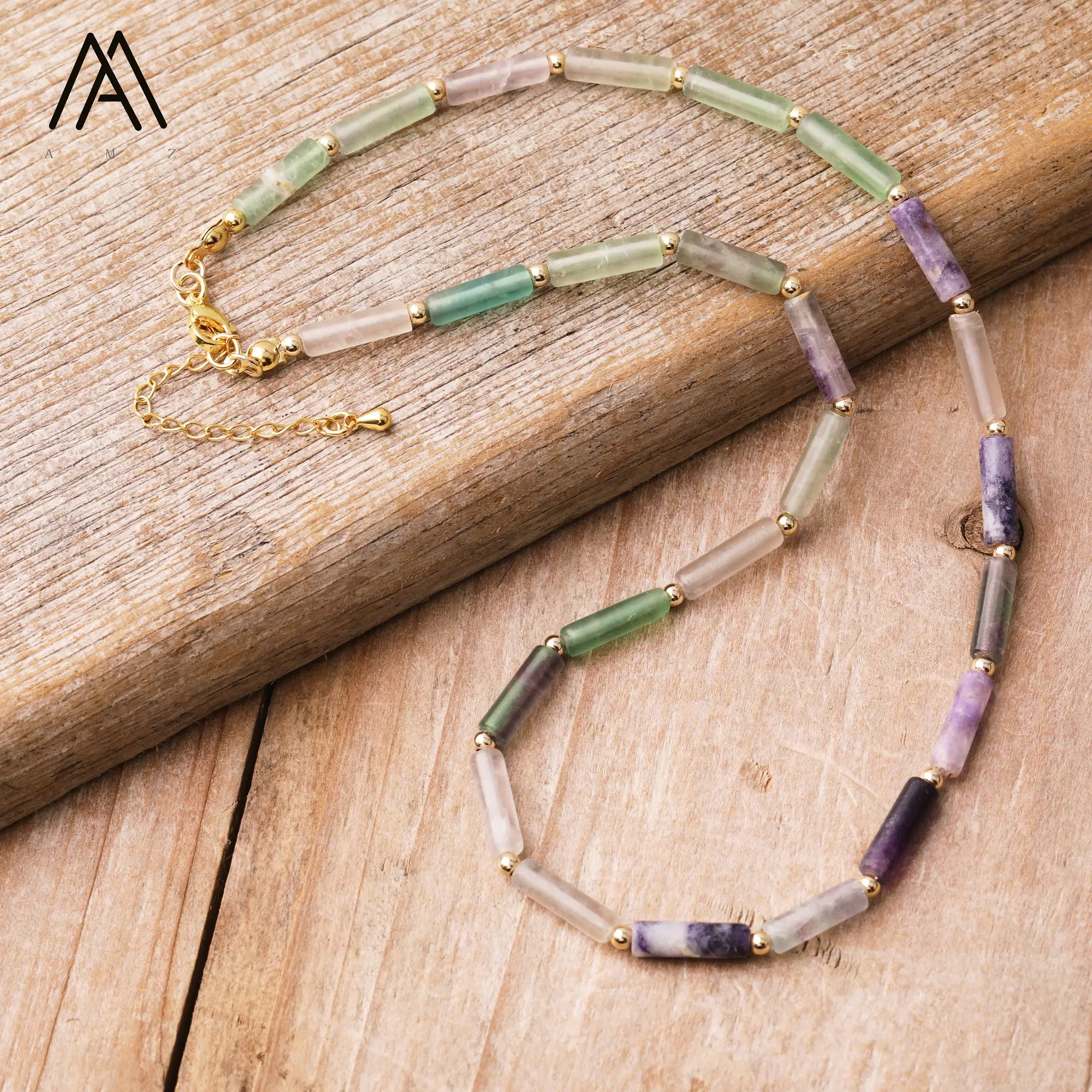 

Classic Natural Stone Cylinder Beads Choker Healing Crystal Agate Fluorite Lapis Boho Necklaces for Women