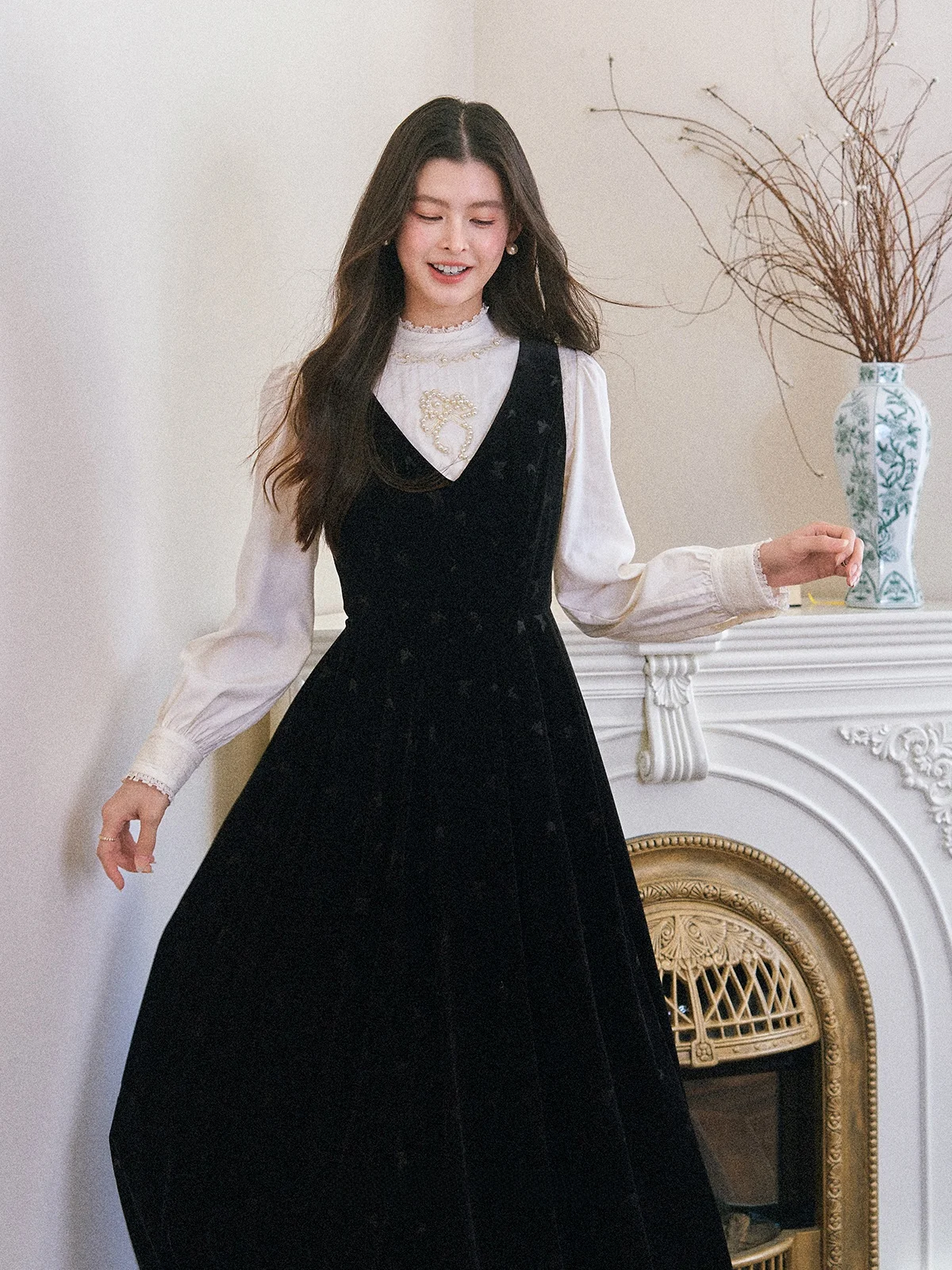 

Bla Velvet Embroidery Heben Sle Vest Dr Women's Autumn Winter High End Feeling Skirt A-Line Dr Long Sve