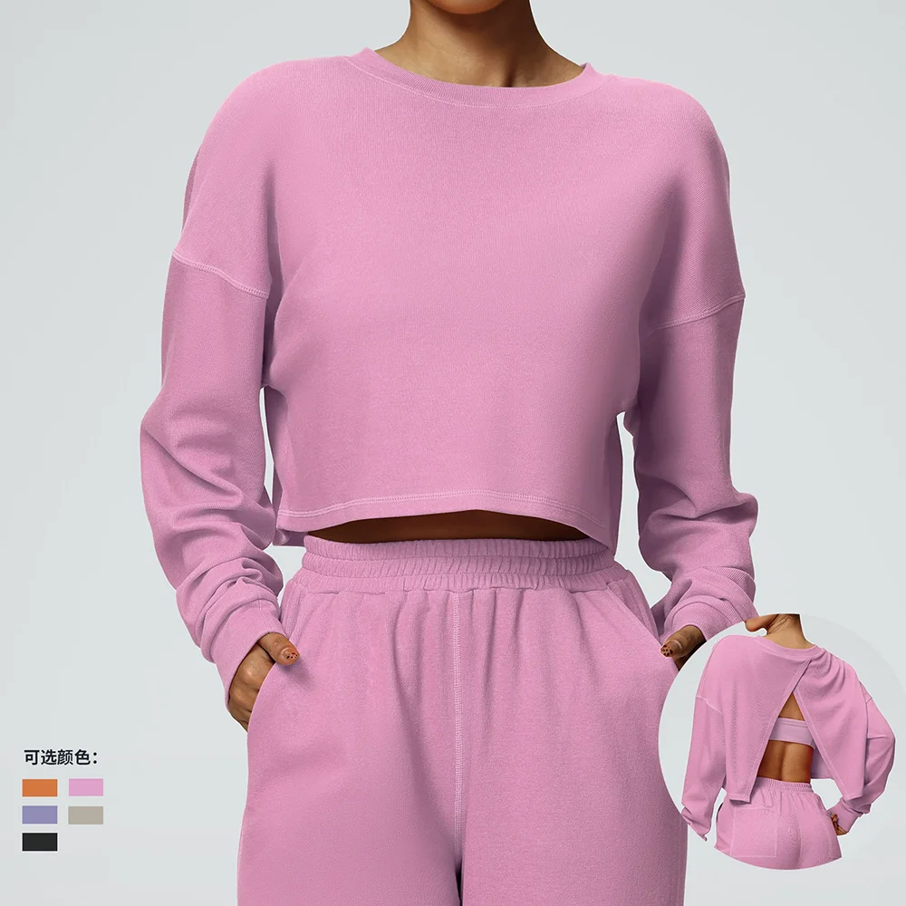 

Новая модная осенне-зимняя повседневная спортивная толстовка с круглым вырезом для женщин, свободный короткий топ для фитнеса с длинными рукавами для бега