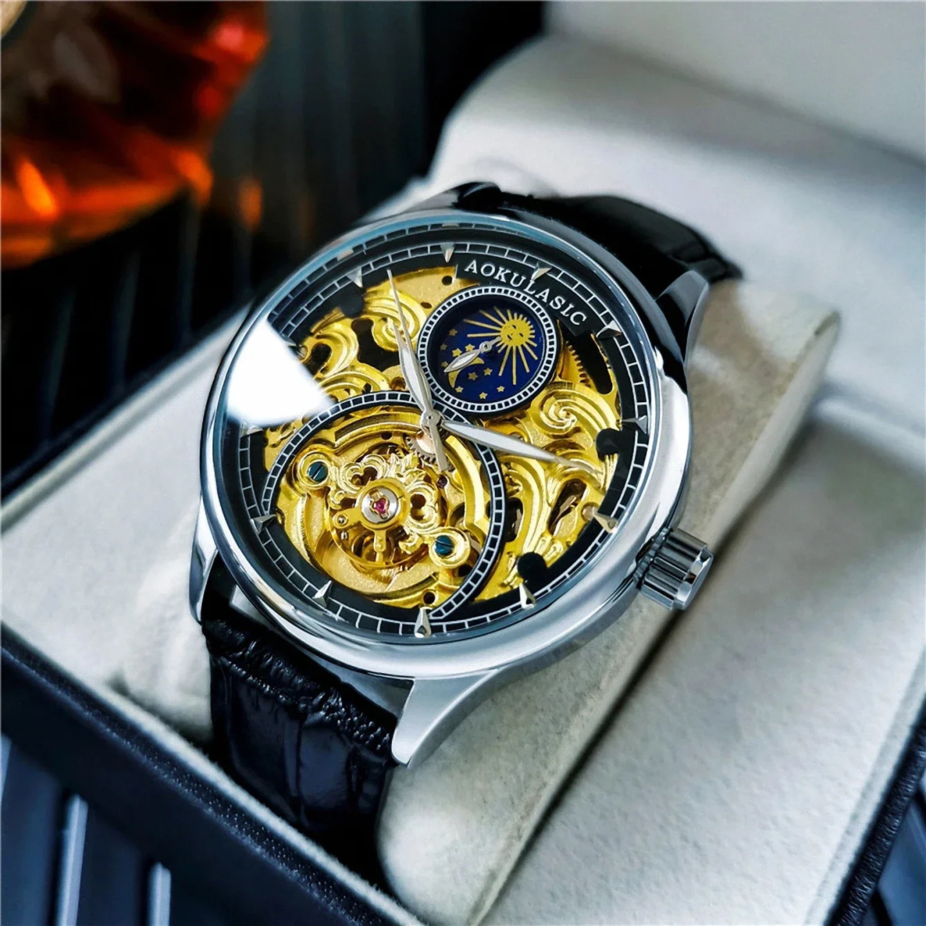 

AOKULASIC Vintage Tourbillon Mechanical Watches Luxury Brand Moon Phase Gold Skeleton Automatic Watch for Men Leather Strap 2024