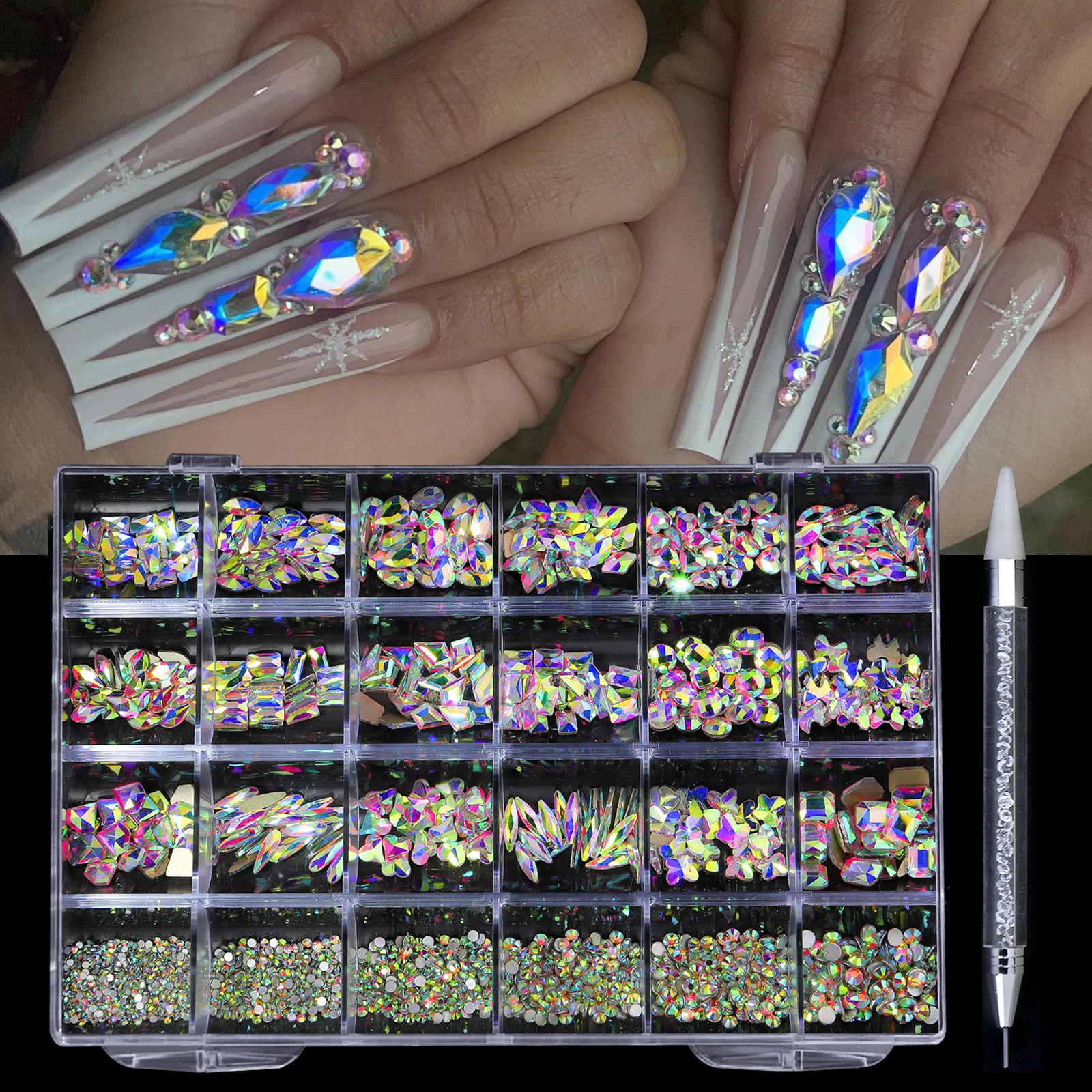 Gorąca sprzedaż 21 kształt biżuterii luksusowe błyszczące diamenty DIY Nail Art zestaw dżetów szklane kryształowe dekoracje zestaw podaruj 1 szt. Długopis