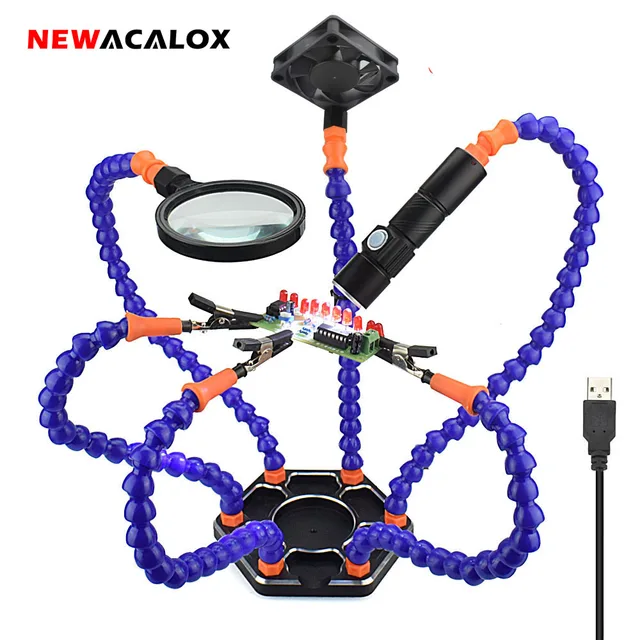 NEWACALOX narzędzie do lutowania trzeciej ręki pomocne dłonie latarka akumulatorowa USB 3X lupa stacja lutownicza narzędzie do naprawy spawania