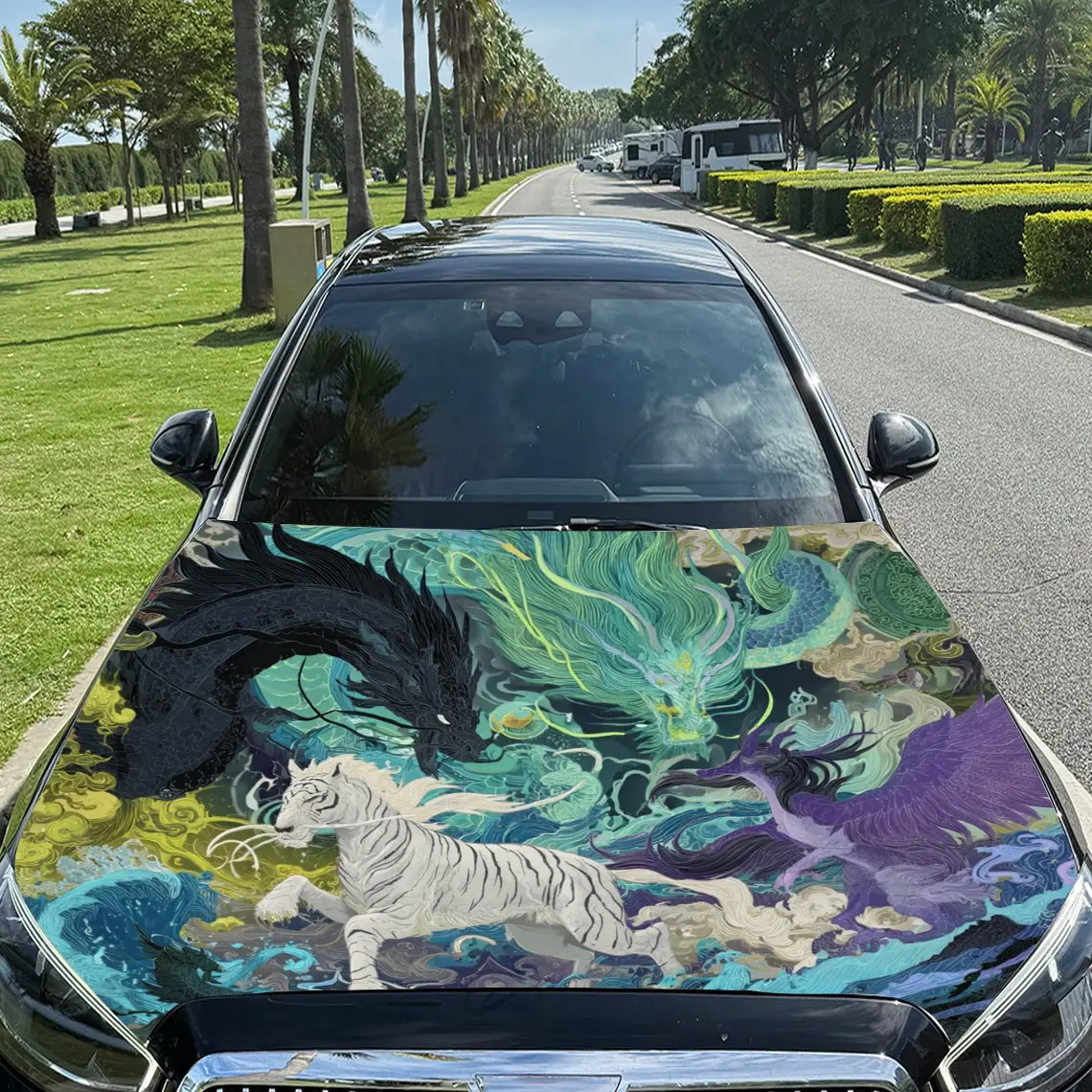 Colorful Divine Four Spirits Pattern car hood stickers, waterproof self-adhesive, scratch resistant, easy to stick, durable car