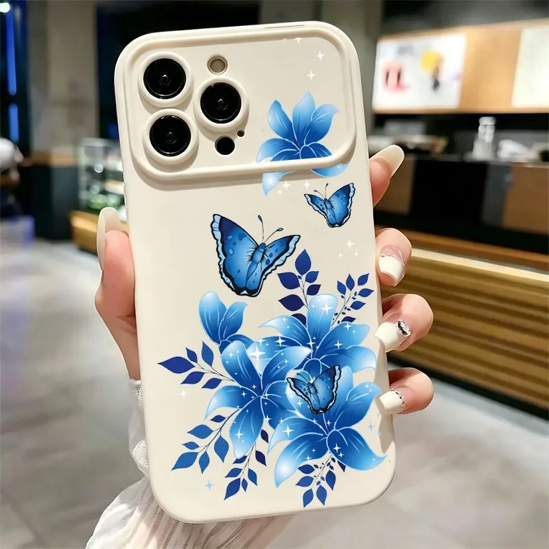 Coque de téléphone antichoc souple en TPU à imprimé floral papillon bleu pour iPhone 17 16 15 14 13 12 11 Pro Max Plus