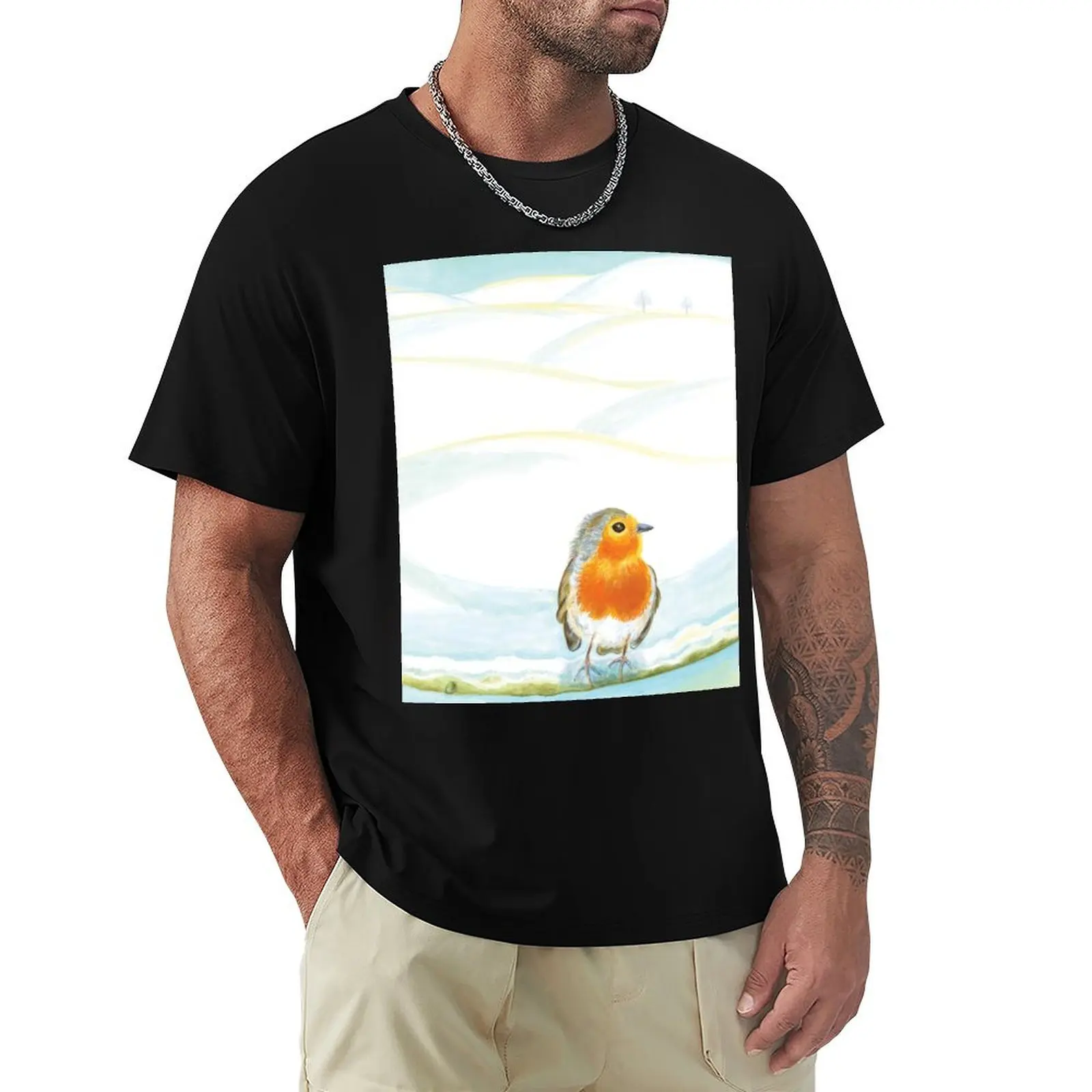 Red Robin in Winter Illustration T-Shirt Big Size Short Sleeve Tee for Men