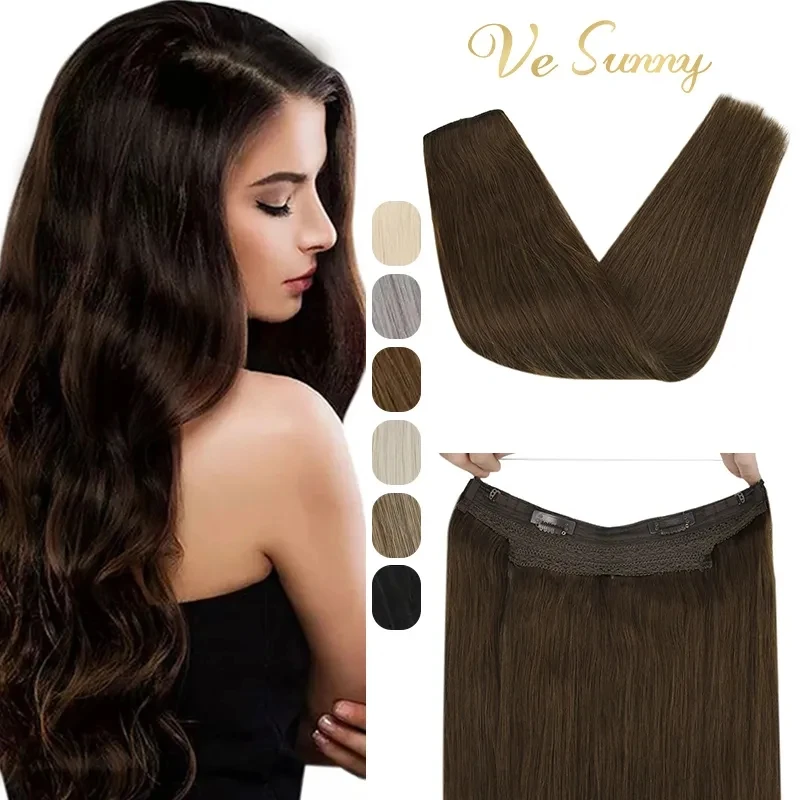 VeSunny Fish Wire Hair Extensions Natural Human Hair Brown Machine OnePiece Hair Extension Invisible Fishing Wire with 2 Clips