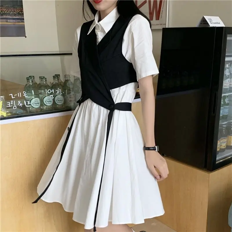 2024 New Style Shirt Dress Elegant Workwear French Vintage Stitching Two-piece Dress Tight Waist Slim Dress