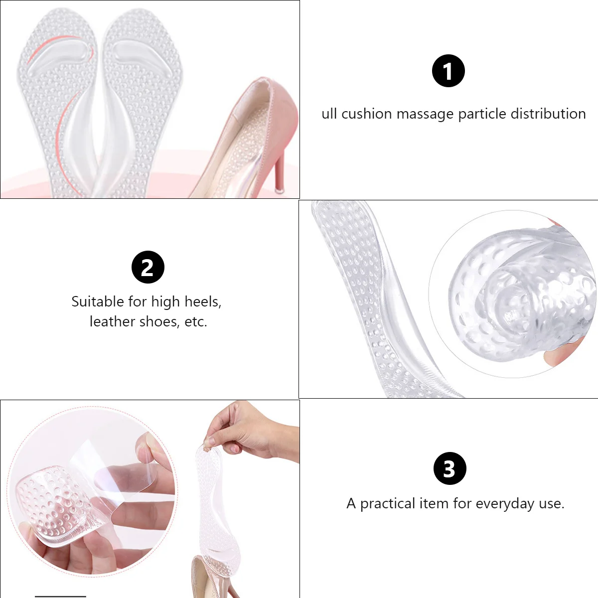 

2Pairs Comfortable Gel Insoles Non-Slip High Heel Foot Arch Support Soft Cushion Massage Foot Care Tool Durable