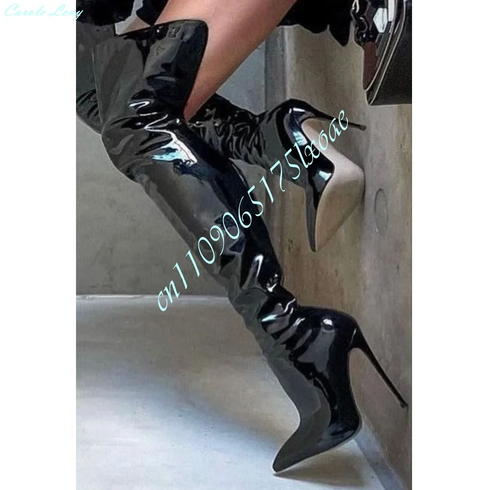 Glossy Patent Leather Over The Knee Boots Women Back Split Ruched Shaft Pointed Toe Thin Stiletto Heel Thigh High Club Boots
