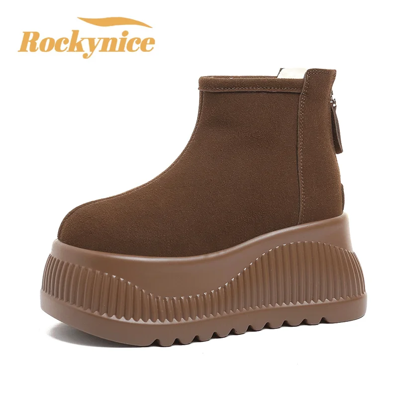 

8.5CM Women's Winter Thick Bottom Leather Snow Boots NEW 2025 Keep Warm Cotton Shoes Short Elastic Slim Booties Zapatos Mujer