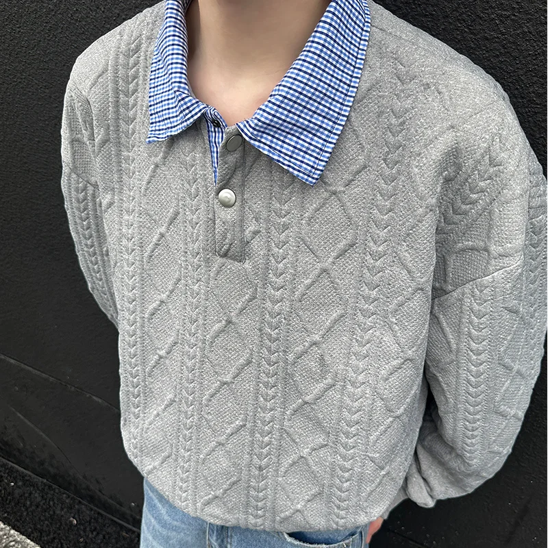 

Loose Plaid Neck Jacquard American Casual Men's Sweatshirt