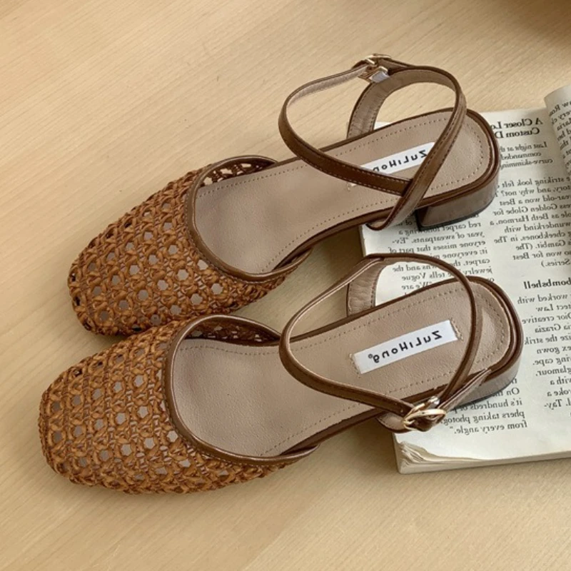 

Fashion Woven Hollow Chunky Root Sandals for Women Comfort Round Toe Buckle Summer Heels Elegant Office Brand Formal Shoes Pumps
