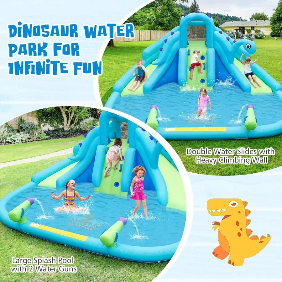 Opblaasbaar waterglijbaanpark, opblaasbare dinosauruswaterglijbanen met splashpool, dubbele glijbanen, klimmuur, buiten achtertuin Mega Boun