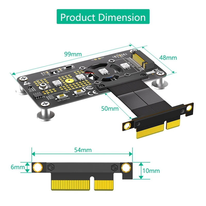 NEW-3 In 1 M.2( NGFF) NVME M-Key SSD To PCI-E 4X Extension Cable With Cooling Fan And Automatic Discoloration LED