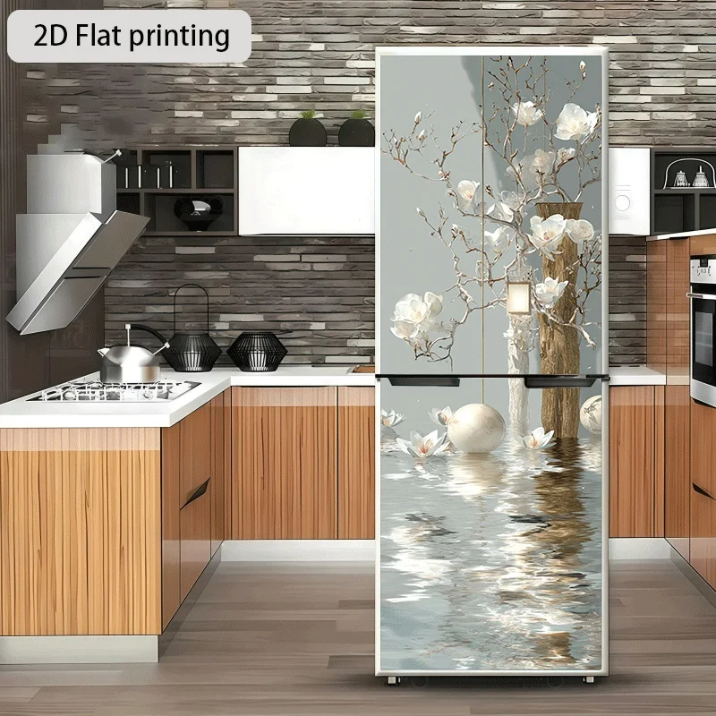 Refrigerator Sticker Magnolia Flower Water Scene Theme Design Wall Sticker Decorative Wallpaper Self-Adhesive Suitable for Cab