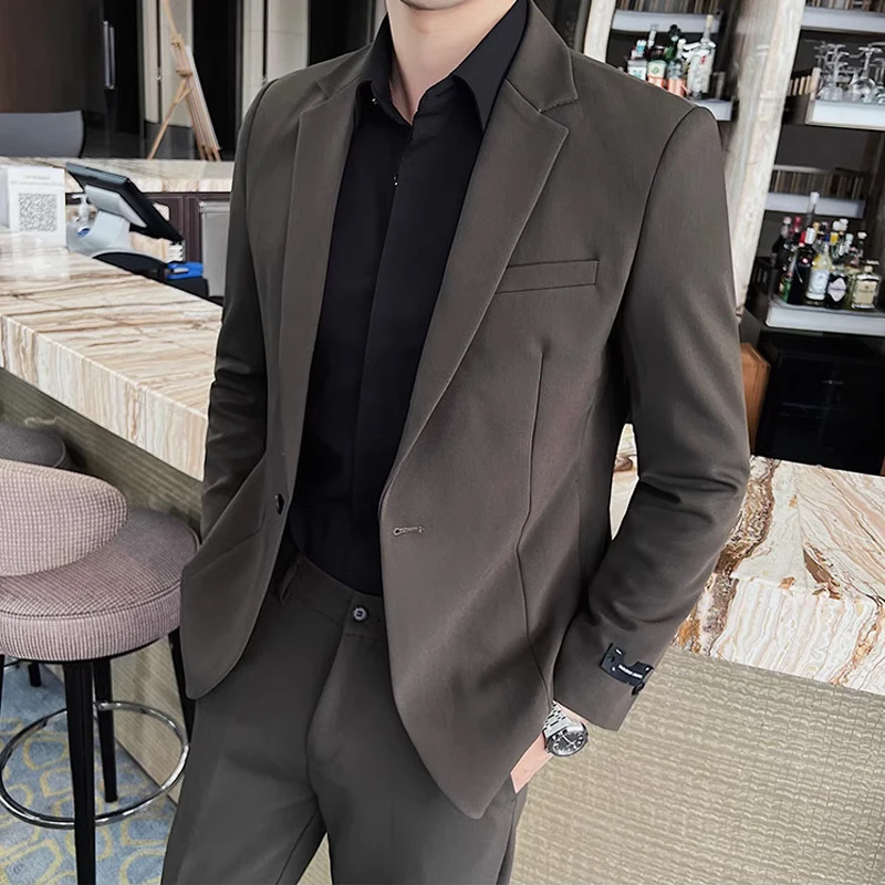 브랜드 패션 랩 칼라 와플 체크 남성용 세트 신랑 웨딩 원피스, 파티 쇼 무대 호스트 슈트, 2 피스