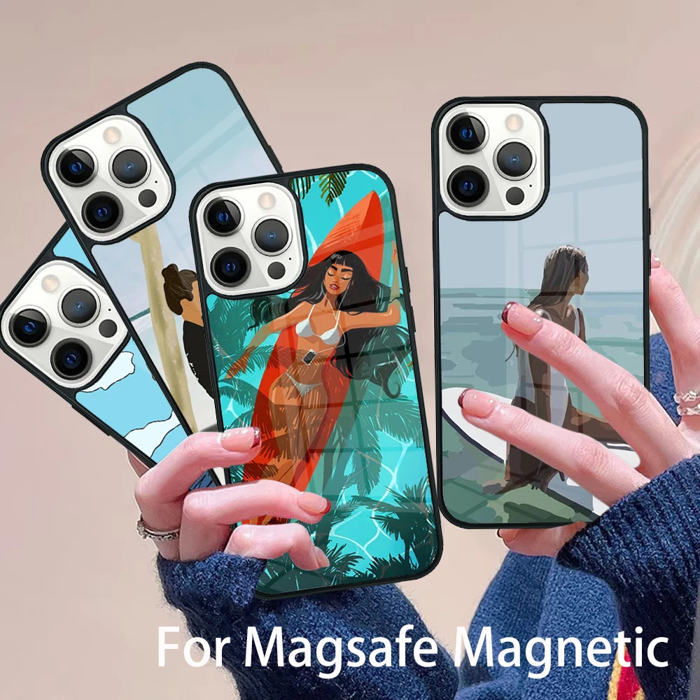 

Surfing Art Surf Girl Phone Case Magesafe Magnetic Wireless Charge Cover For IPhone 16 11 12 13 14 15 Pro Max Plus Mini