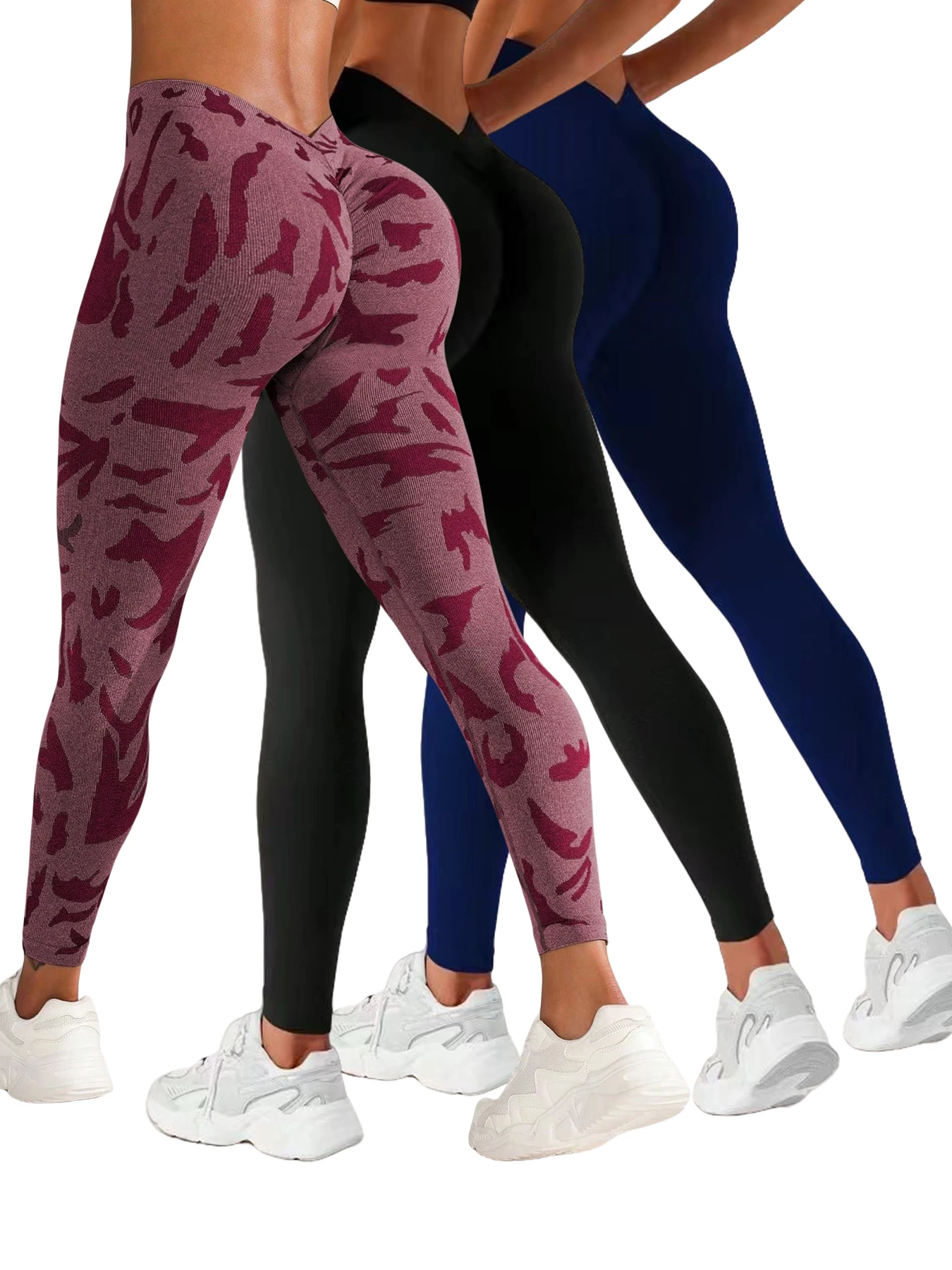 

3-piece set of V-waist design Micai + plain color combination yoga trousers, high hip elasticity suitable for gym