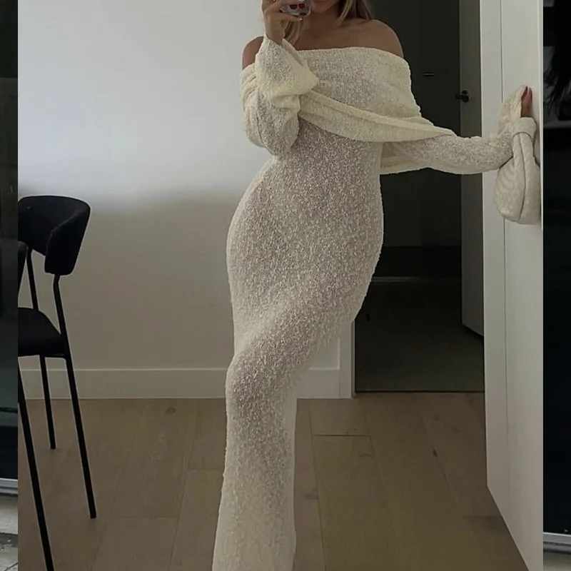 DSMTRC สีทึบ Elegant Off ไหล่ชุดชายหาดปกคลุมเสื้อคลุมยาวสําหรับผู้หญิงฤดูร้อน Holiday ดูผ่านใหม่ชุดถัก