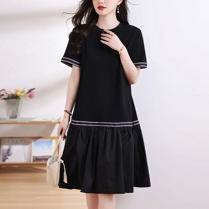 Basic Casual Loose Dresses Stylish Bright Line Decoration Summer Short Sleeve Female Clothing A-Line Korean Spliced Midi Dress